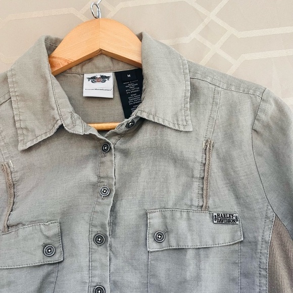 Harley Davidson Women Quarter Button Long Sleeve Shirt Ramie in Tan Size M - Picture 6 of 6